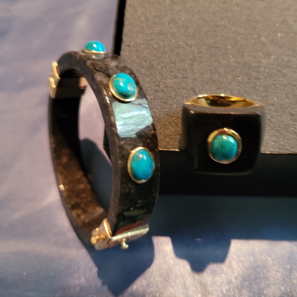 Charcoal Jade and turquoise bracelet and ring